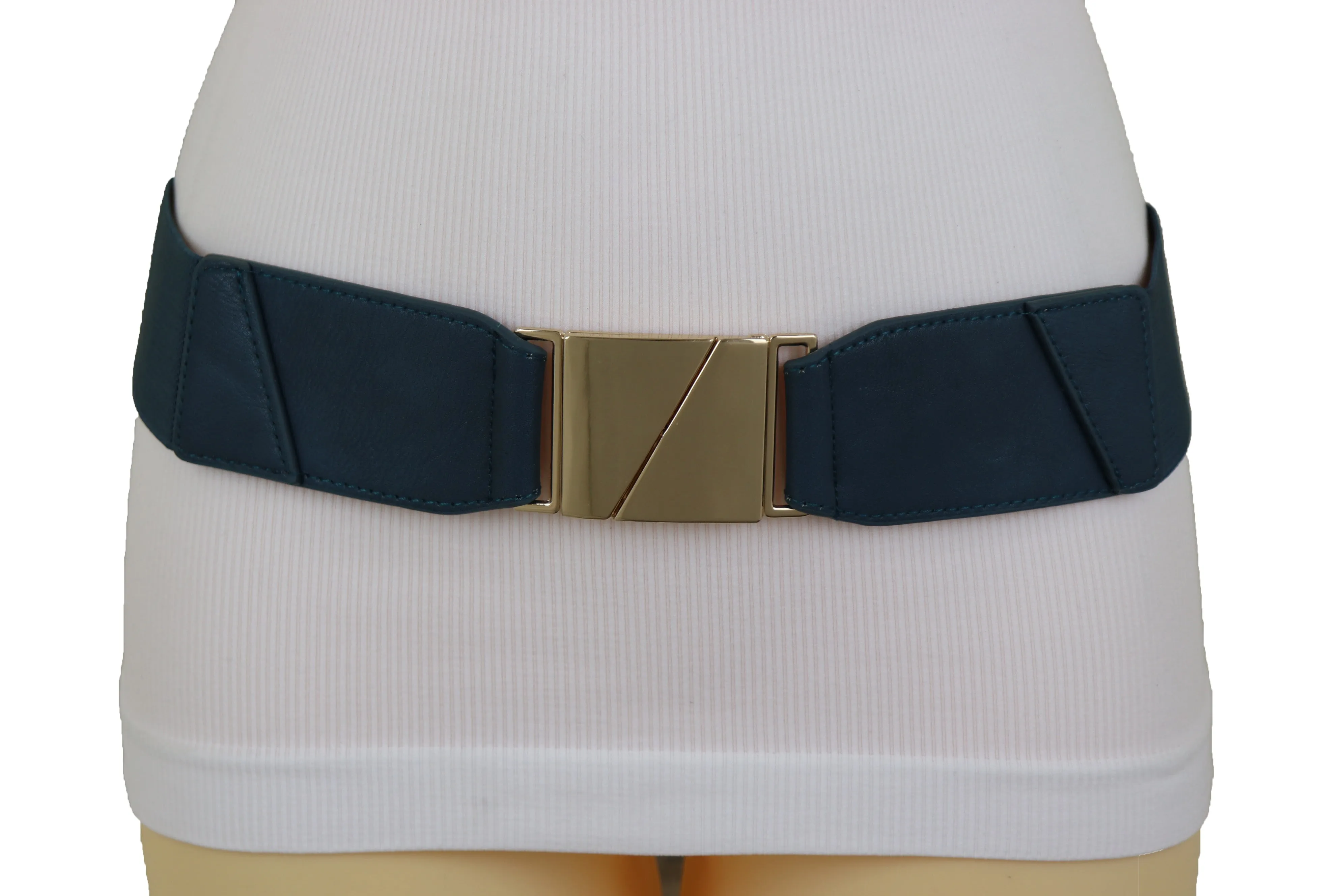 High Waist Hip Teal Blue Color Elastic Waistband Belt Gold Square Buckle S M L