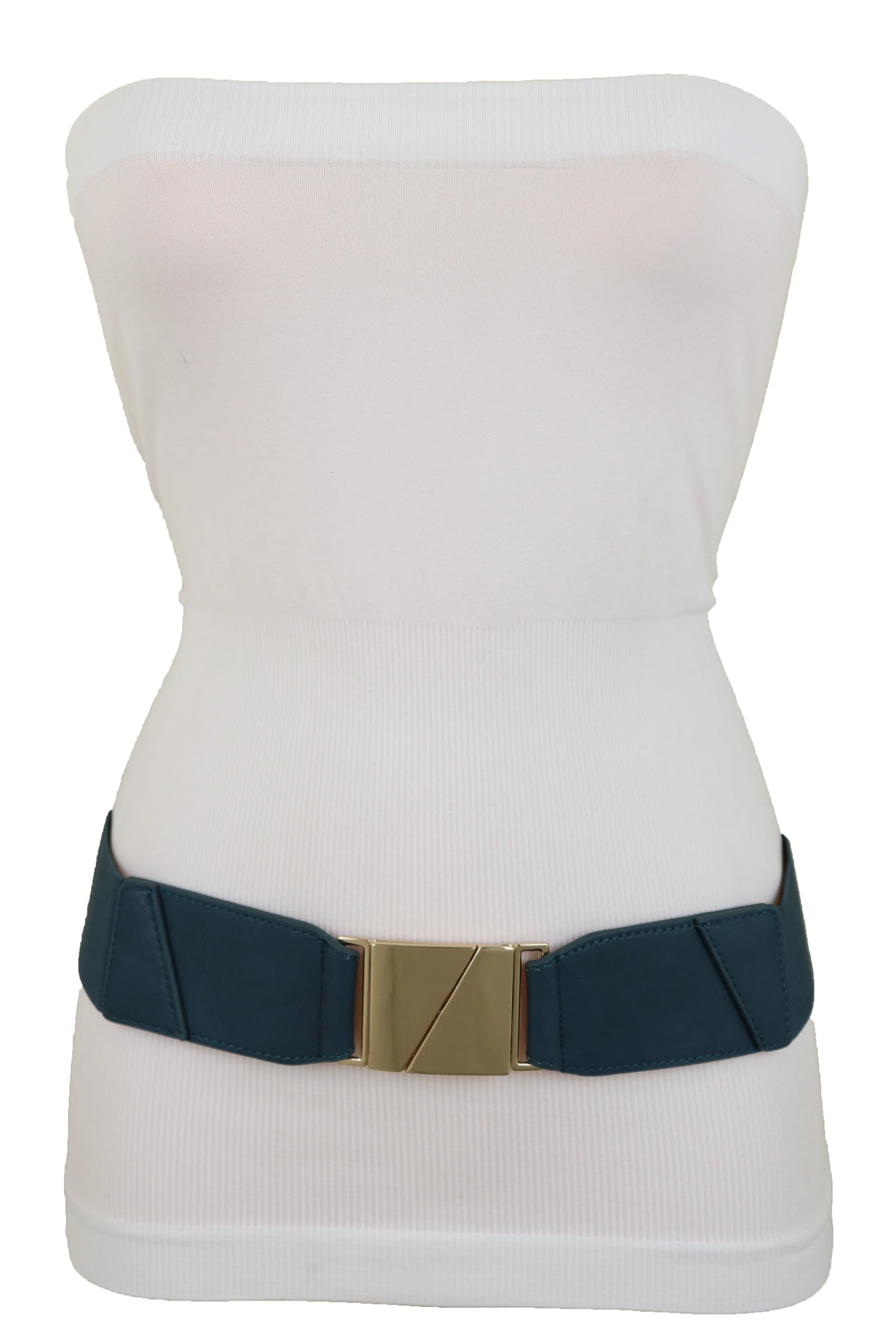 High Waist Hip Teal Blue Color Elastic Waistband Belt Gold Square Buckle S M L