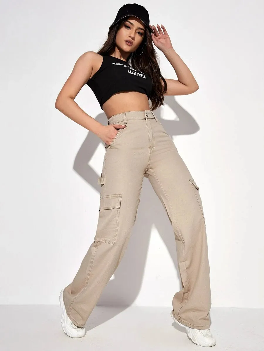 High Waist Slant Pocket Cargo Pants