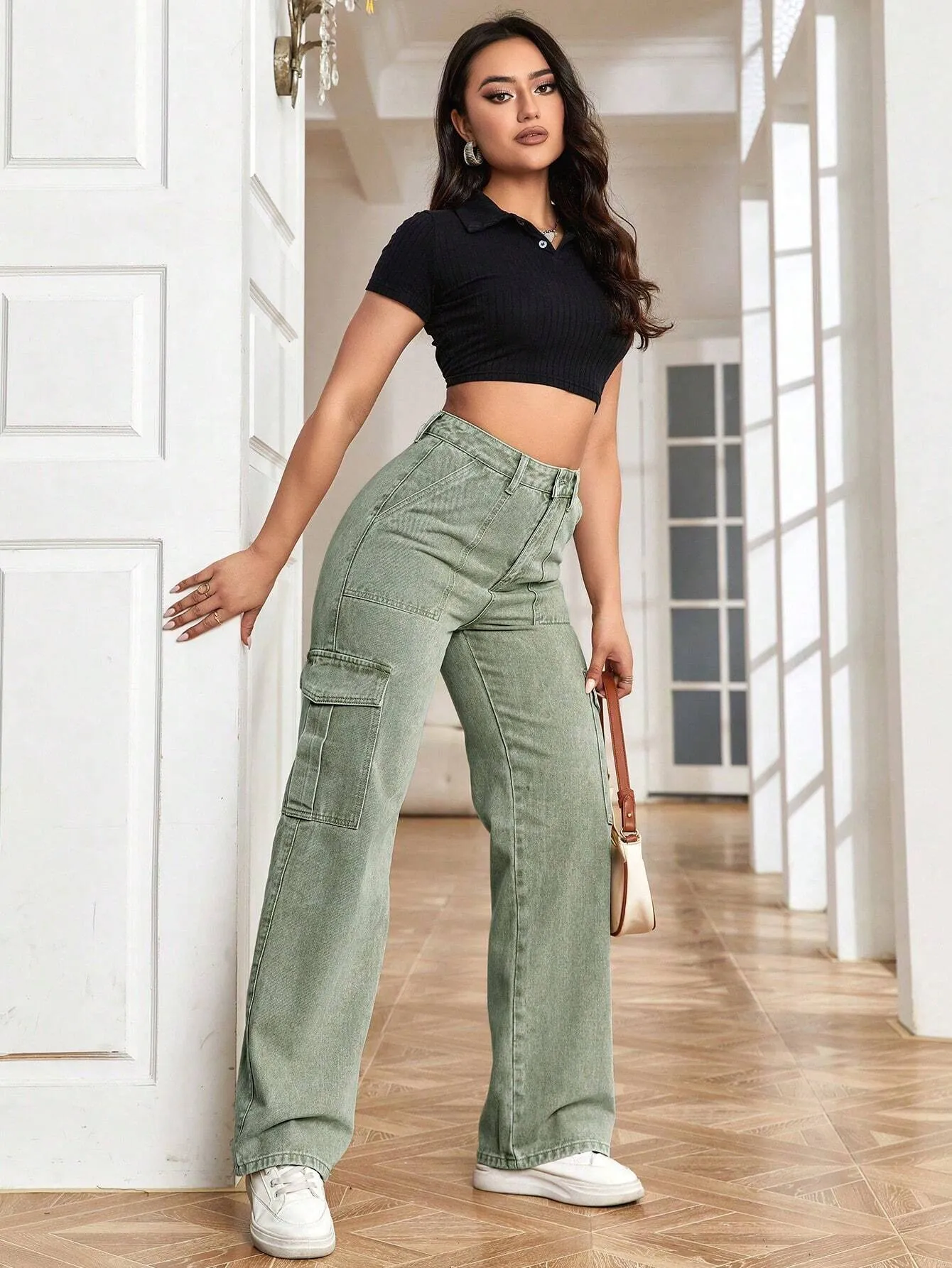 High Waisted Flap Pockets Cargo Jeans