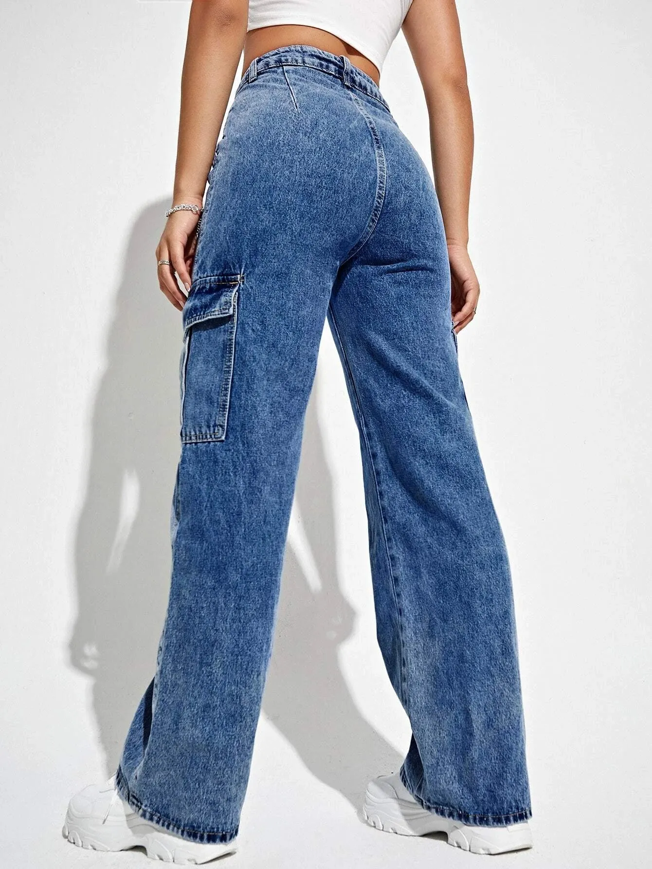 High Waisted Flap Pockets Cargo Jeans