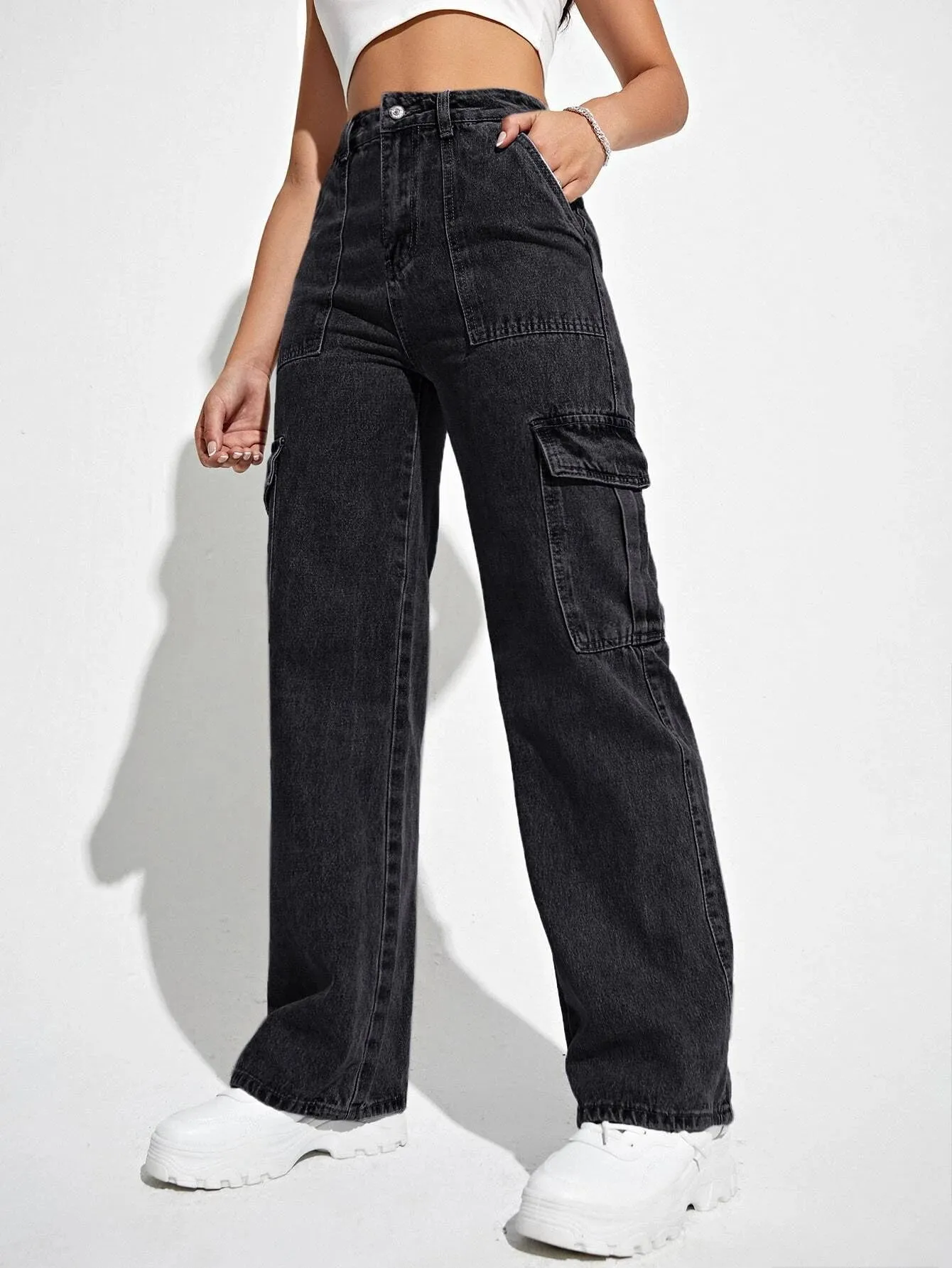 High Waisted Flap Pockets Cargo Jeans