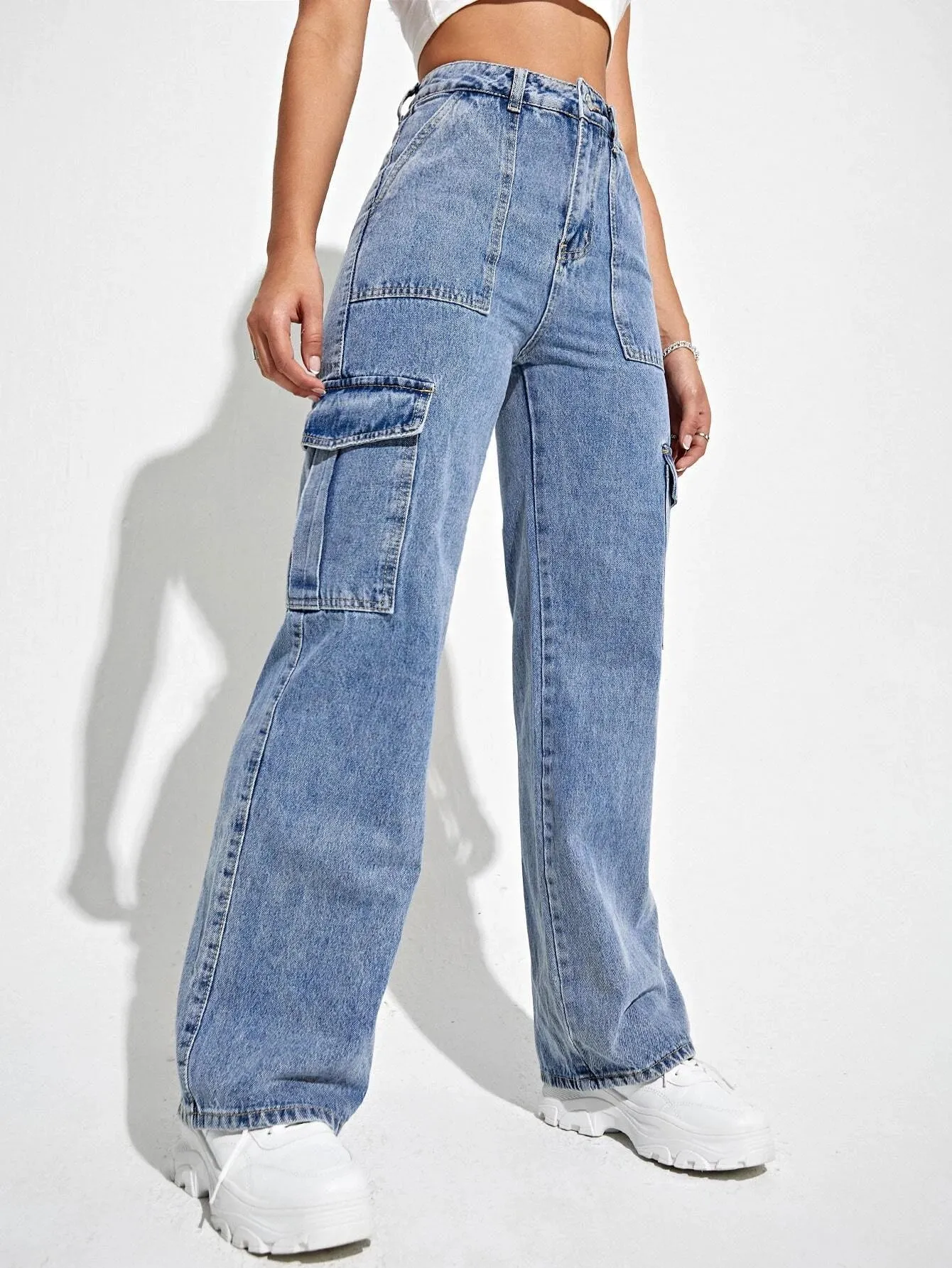 High Waisted Flap Pockets Cargo Jeans