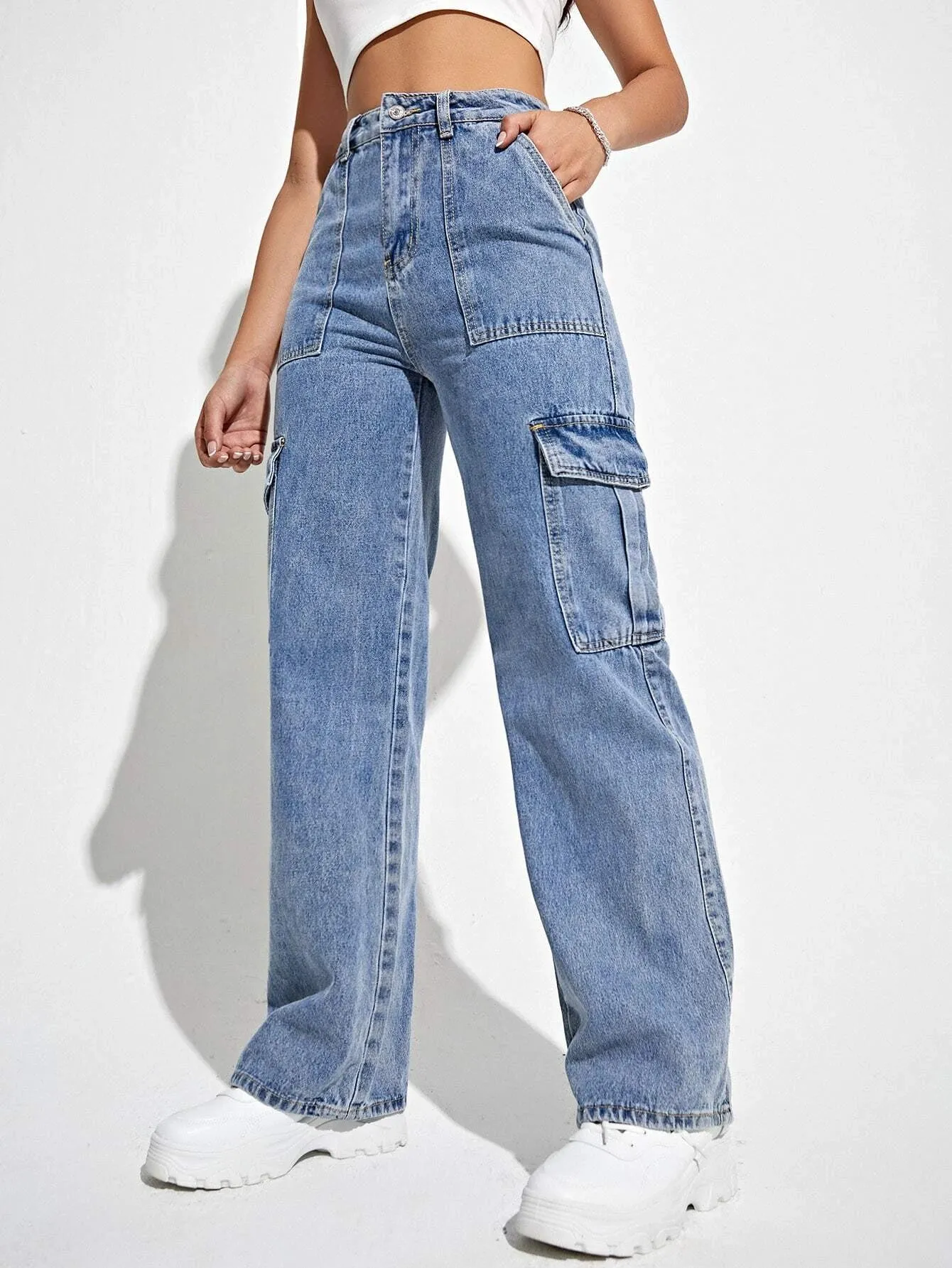 High Waisted Flap Pockets Cargo Jeans