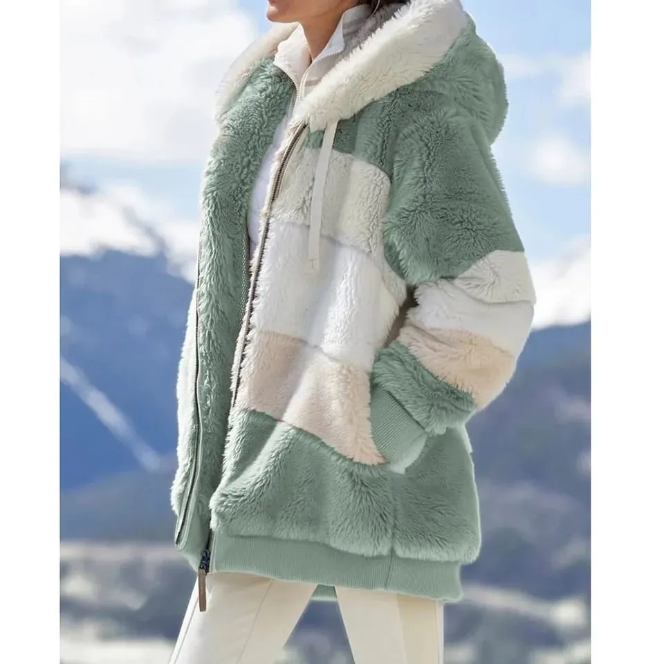 Hooded Zipper Ladies Jacket Spliced Thick Cashmere Women Jacket Stitching Plaid Ladies Coats S394410