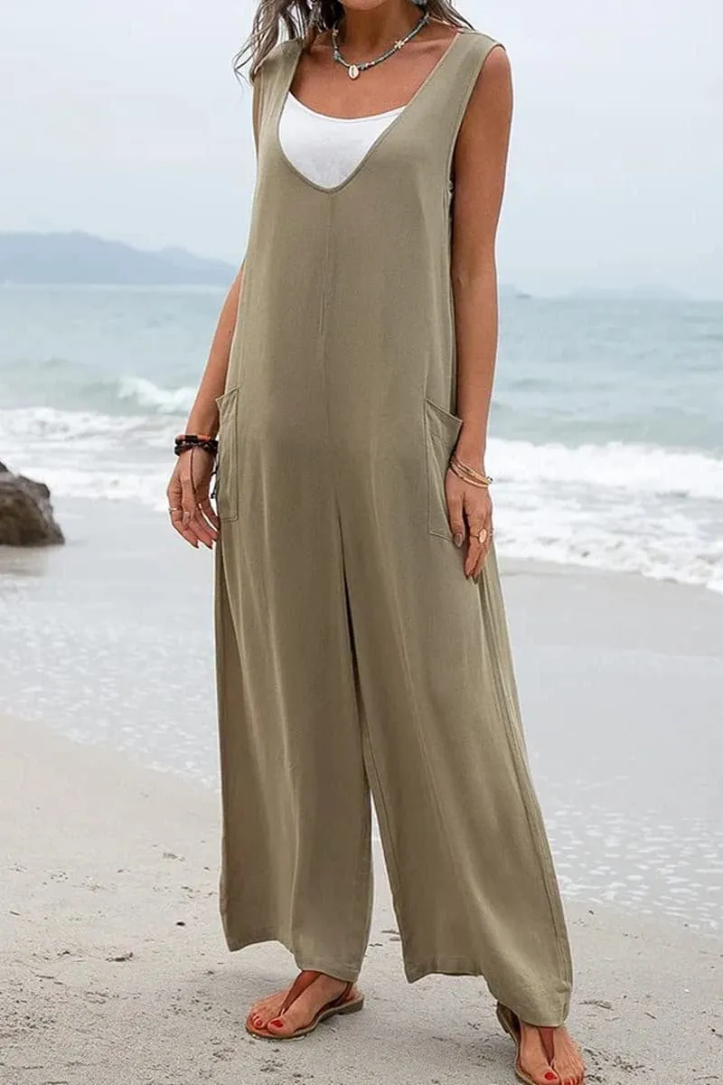 JB656 Sleeveless V Neck Wide Leg Jumpsuit