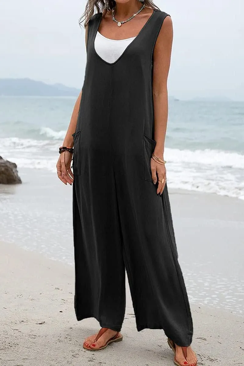 JB656 Sleeveless V Neck Wide Leg Jumpsuit