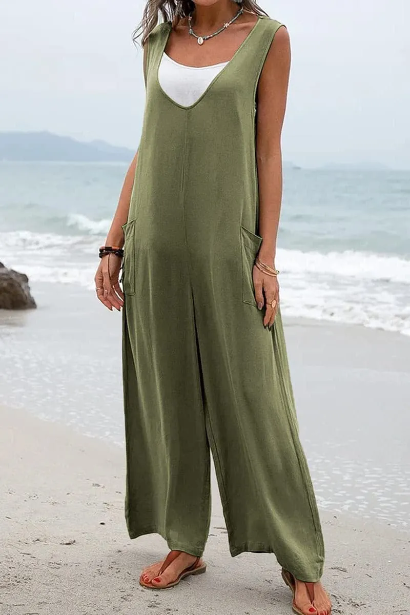 JB656 Sleeveless V Neck Wide Leg Jumpsuit