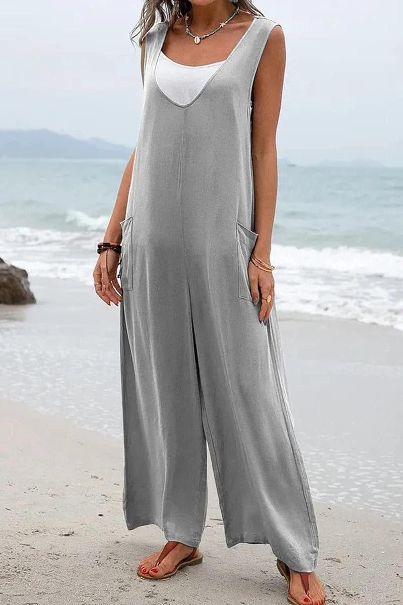 JB656 Sleeveless V Neck Wide Leg Jumpsuit