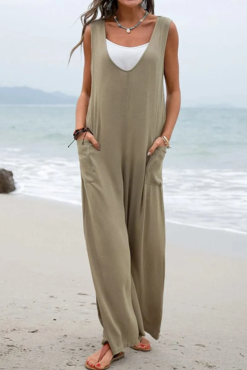 JB656 Sleeveless V Neck Wide Leg Jumpsuit