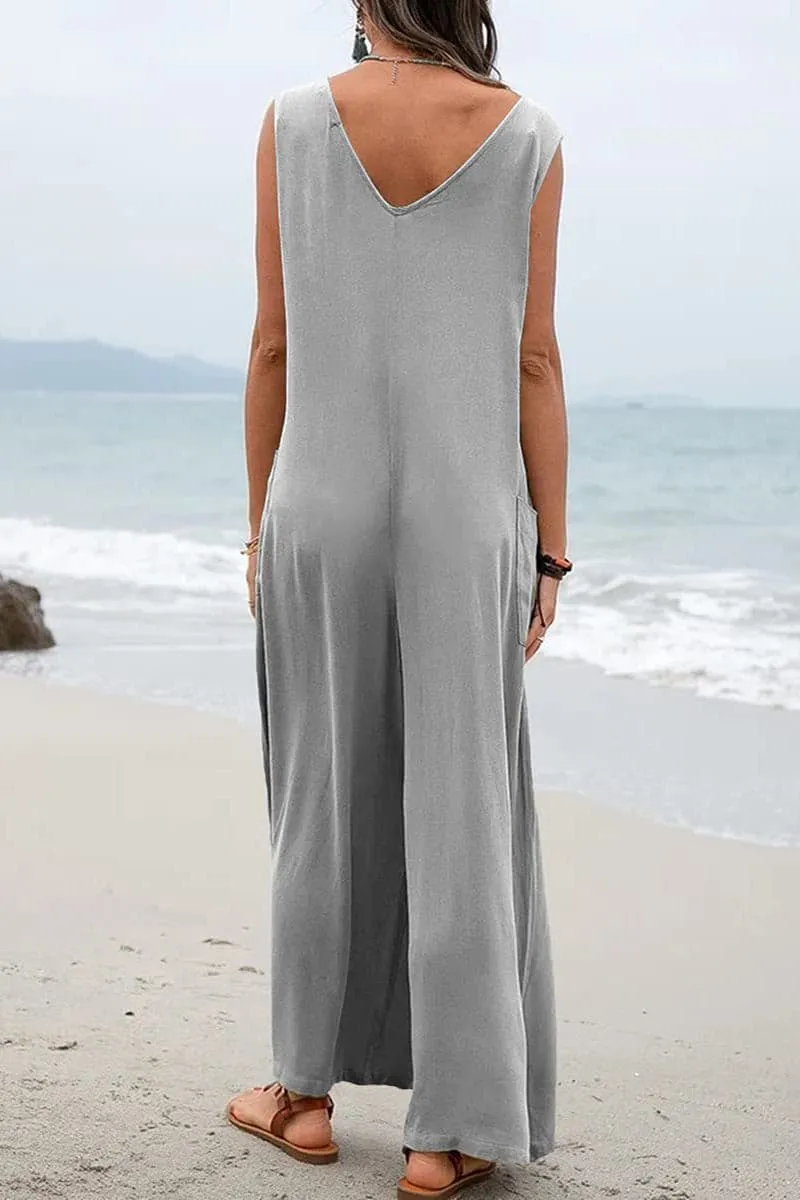 JB656 Sleeveless V Neck Wide Leg Jumpsuit