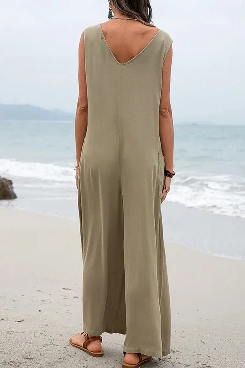 JB656 Sleeveless V Neck Wide Leg Jumpsuit