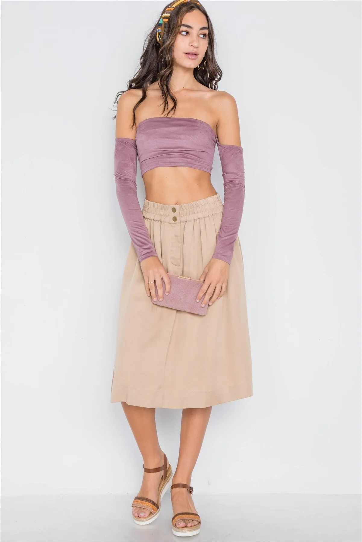 Khaki High-waist Solid Midi Skirt