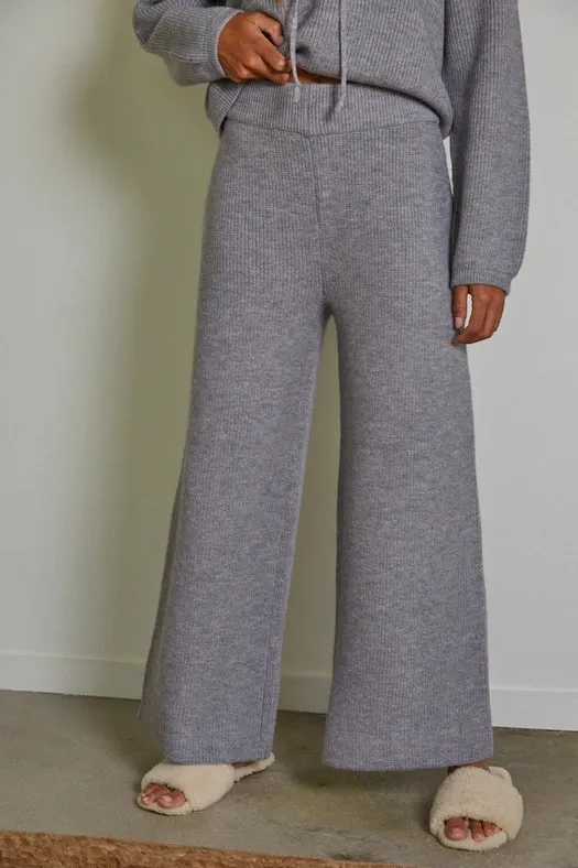 Knit Sweater Ribbed Wide Leg Waist Banded Pants  Light Grey