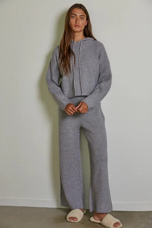 Knit Sweater Ribbed Wide Leg Waist Banded Pants  Light Grey