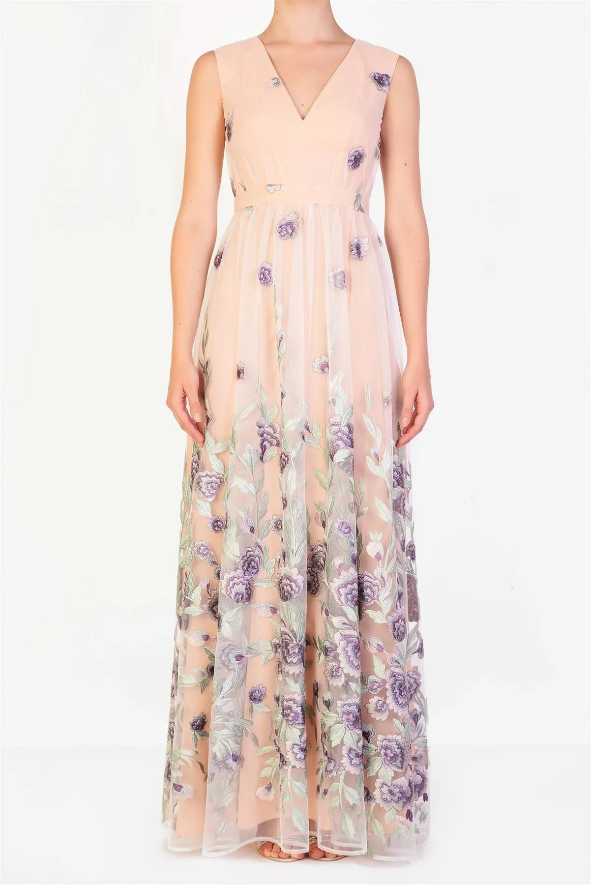 Lena Nude Lilac Embroidered Sleeveless V-Neck Maxi Dress