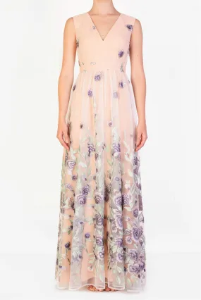 Lena Nude Lilac Embroidered Sleeveless V-Neck Maxi Dress