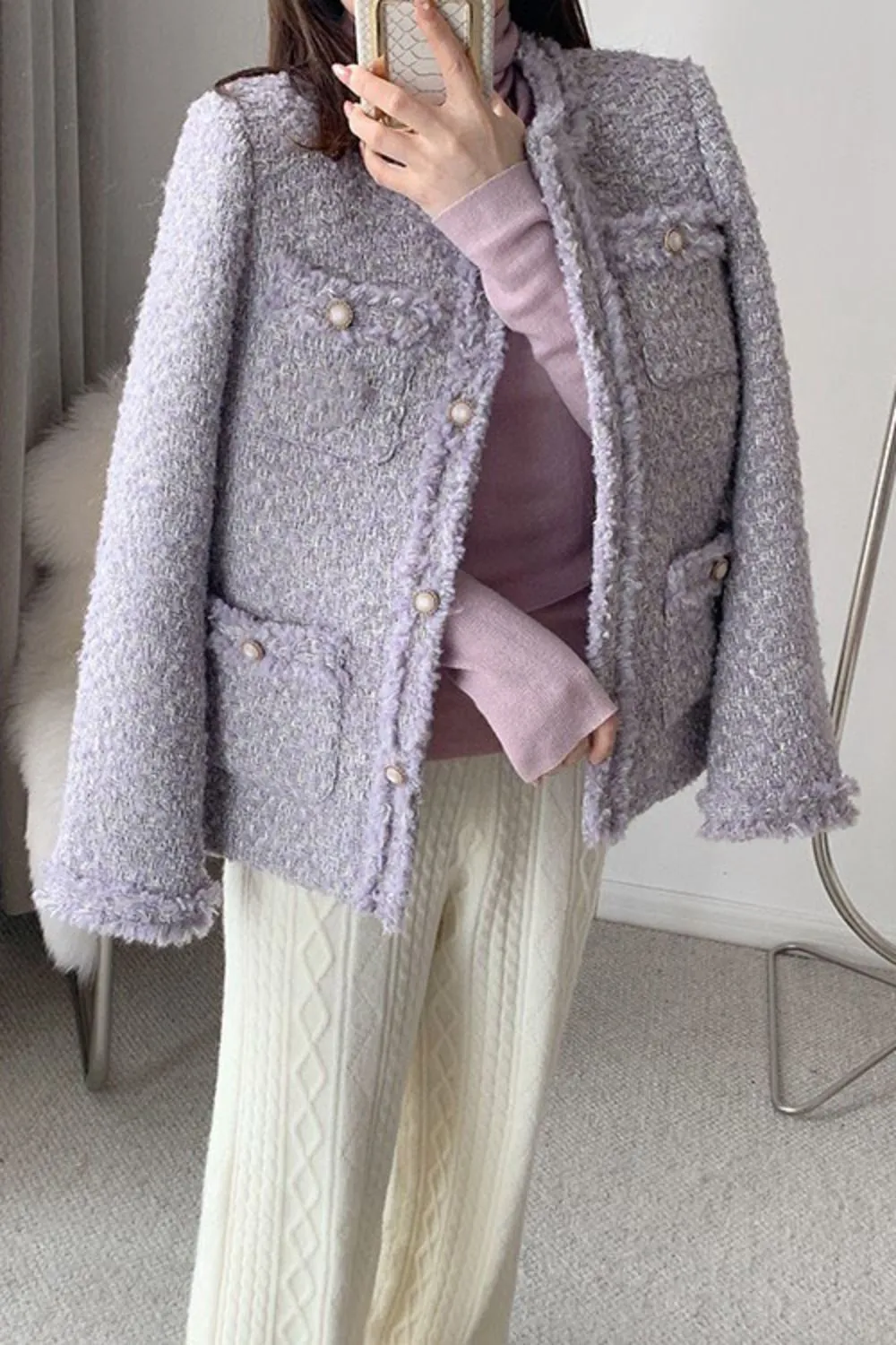 Light Purple Wool Blend Tweed Short Pocket Jacket