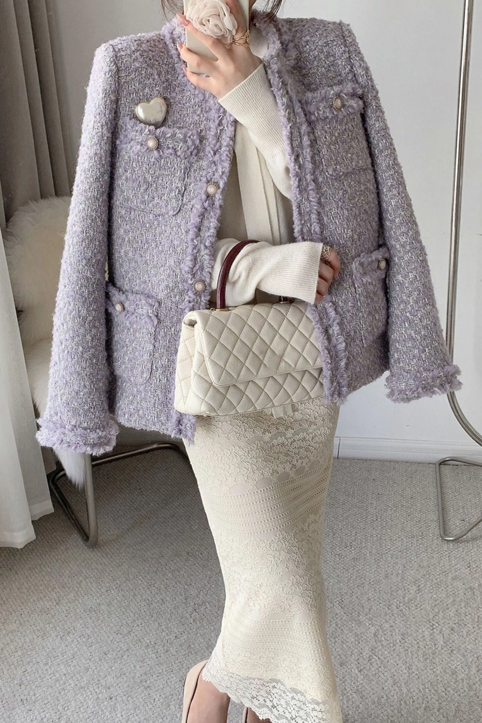 Light Purple Wool Blend Tweed Short Pocket Jacket