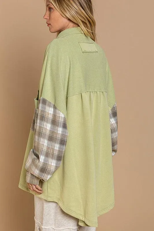 Long Sleeve with Plaid Detail Sleeve Shacket