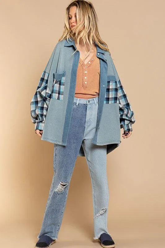 Long Sleeve with Plaid Detail Sleeve Shacket