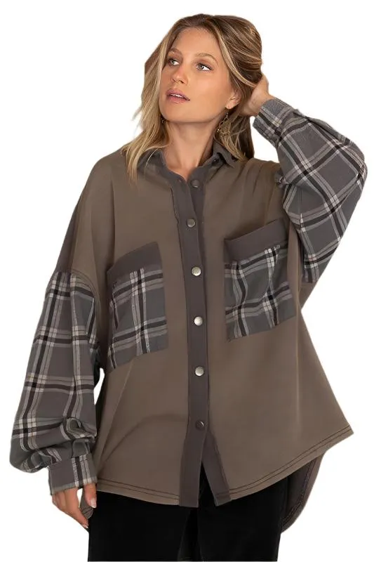 Long Sleeve with Plaid Detail Sleeve Shacket