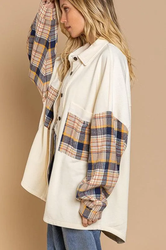 Long Sleeve with Plaid Detail Sleeve Shacket