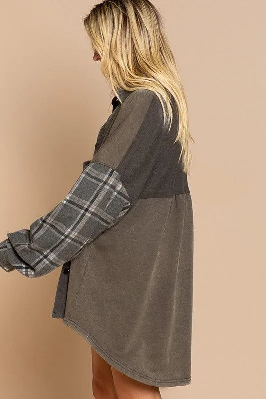 Long Sleeve with Plaid Detail Sleeve Shacket