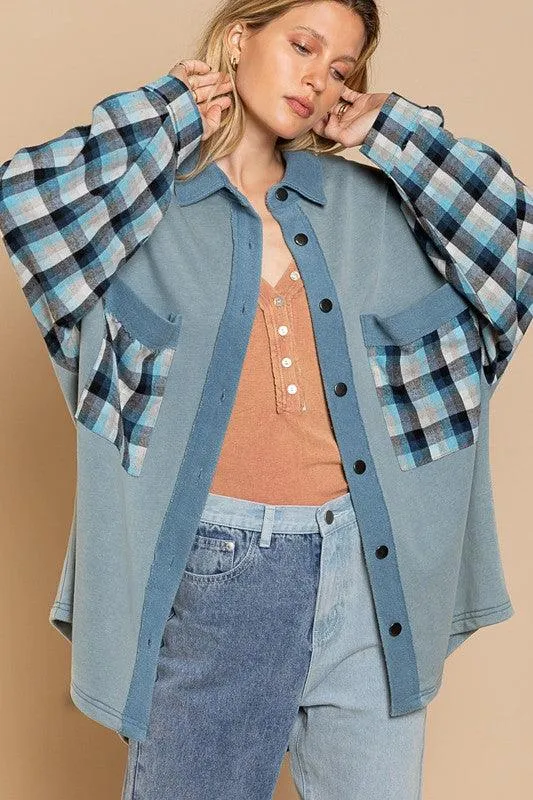 Long Sleeve with Plaid Detail Sleeve Shacket