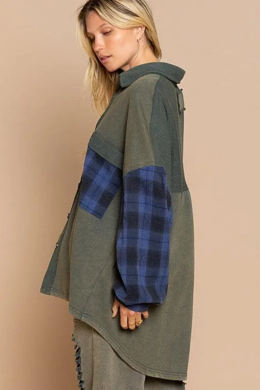 Long Sleeve with Plaid Detail Sleeve Shacket