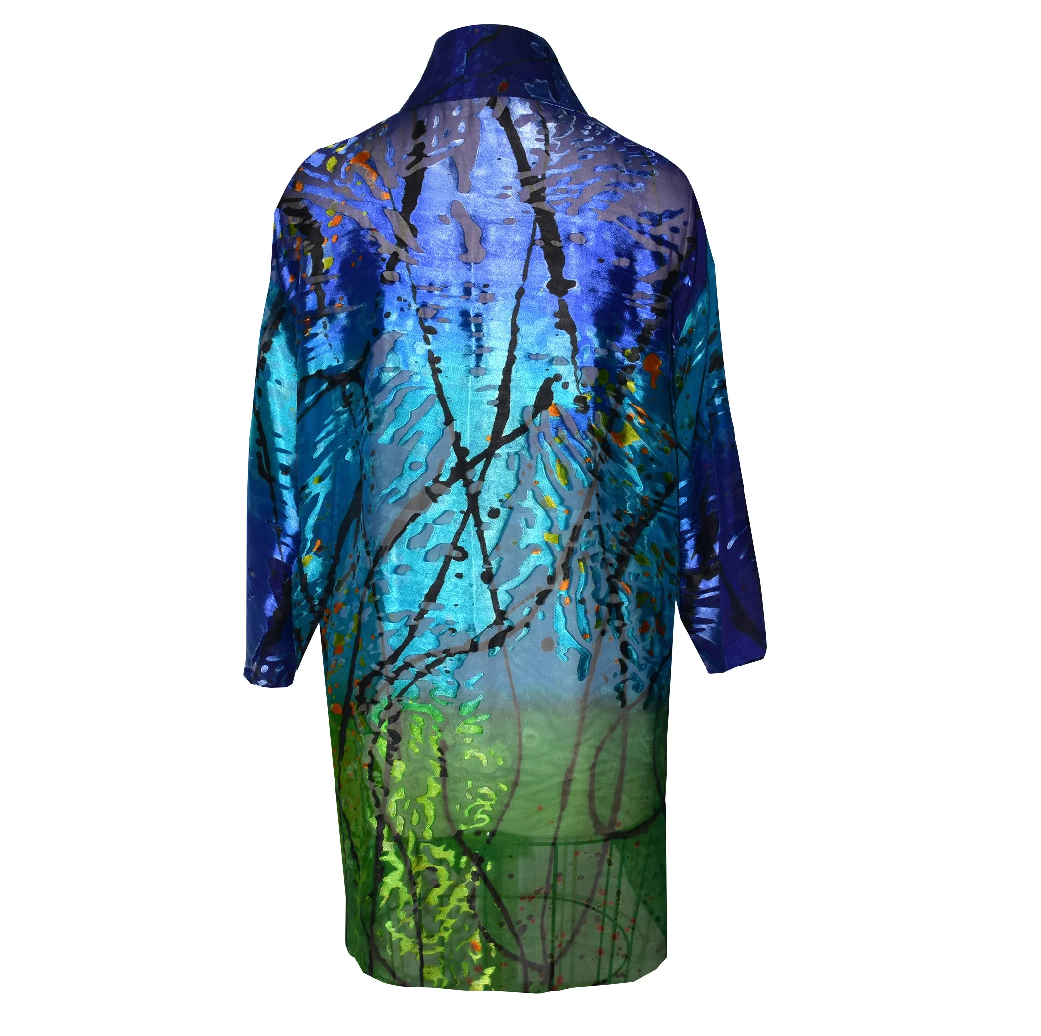 Luxurious Sheer Blue Green Print Painted Silk Devore Kimono Jacket