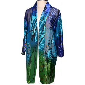 Luxurious Sheer Blue Green Print Painted Silk Devore Kimono Jacket