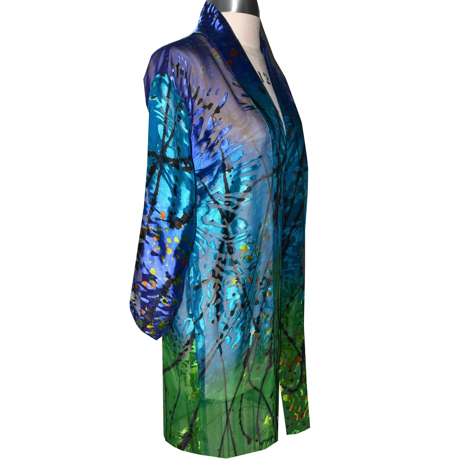 Luxurious Sheer Blue Green Print Painted Silk Devore Kimono Jacket