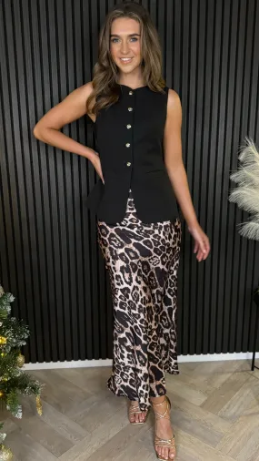 Mariella Black & Beige Leopard Printed Midi Skirt