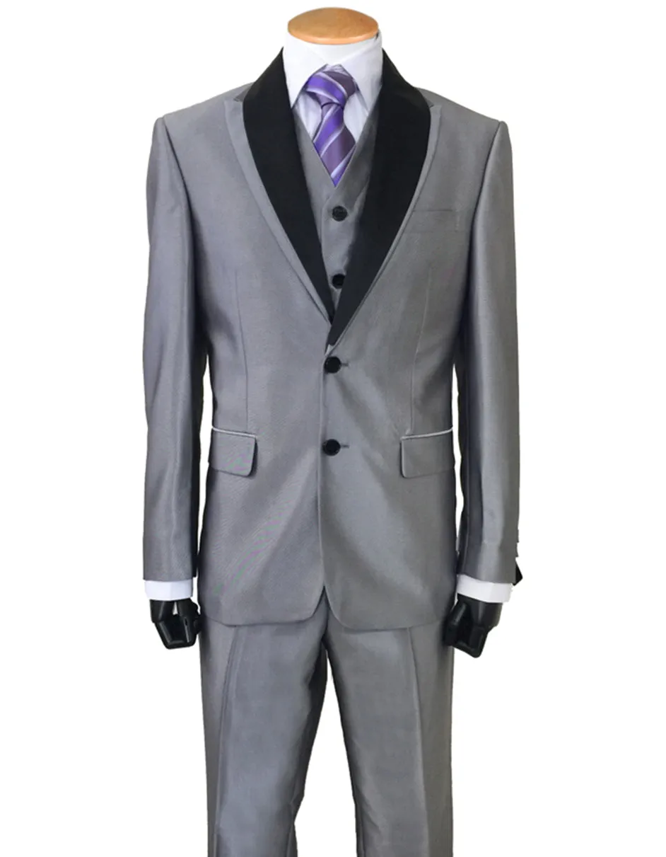 Mens 2 Button Sharkskin Tuxedo with Satin Shawl in Silver