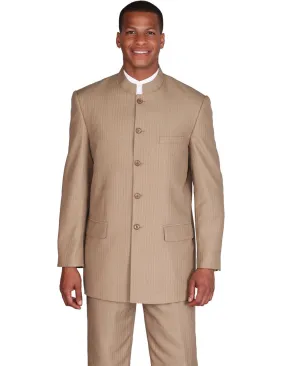 Mens 5 Button Mandarin Collar Suit in Tan Pinstripe