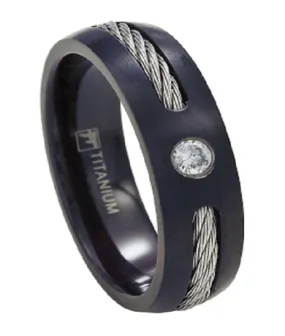 Men's Black Titanium Cable Ring with Single CZ | 7mm