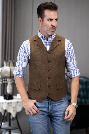 Men's Casual Vest Tweed Herringbone  Notch Lapel Waistcoat