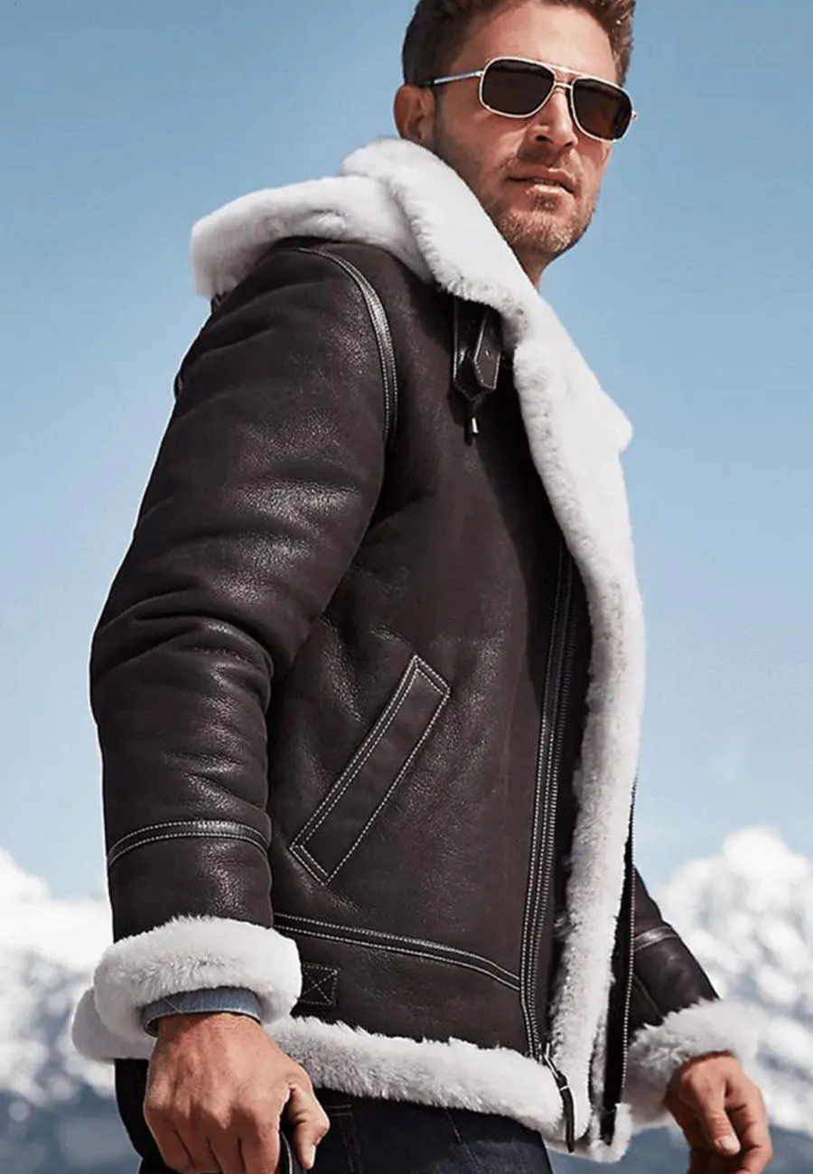 Men's Dark Brown Leather White Shearling Jacket