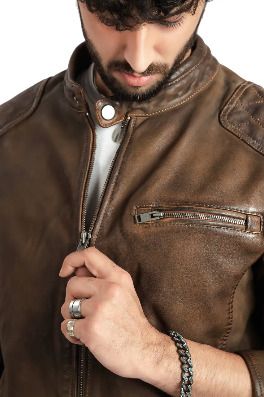 Mens Fashion Biker Brown Leather Superior Quality Jacket –ELM8