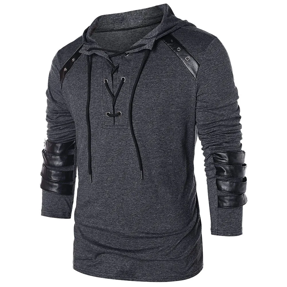 Men's Faux Leather Lace Up Pu Panel Hoodie