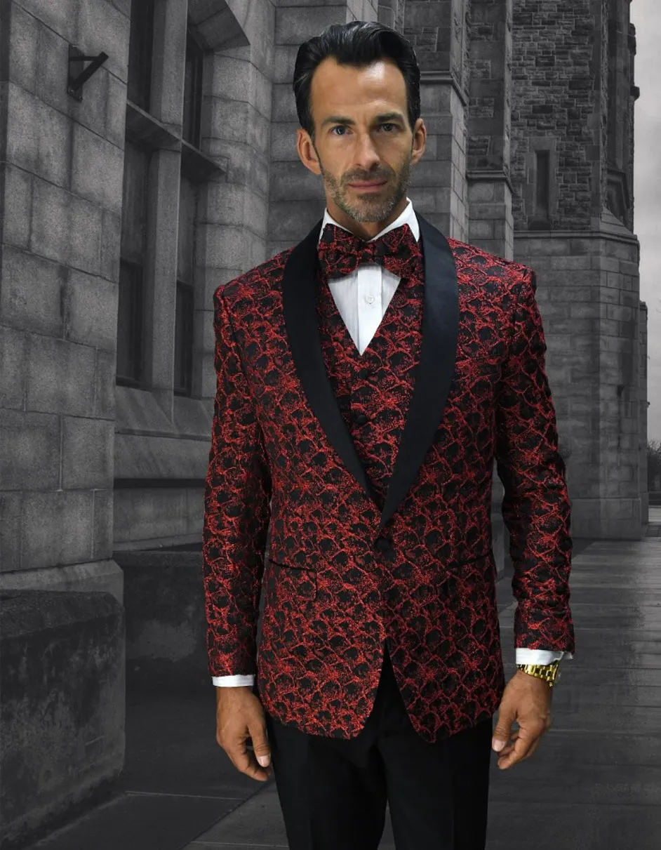 Mens Geometric Wave Paisley Tuxedo in Red & Black