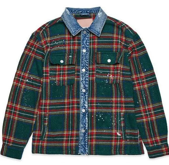 Mens Green Flannel Shacket Pocket With Denim Contrast