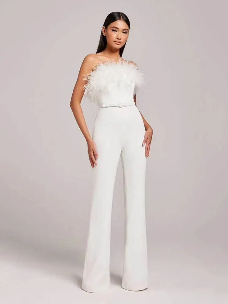 Milan White Feathered Strapless Belted Designer Style Jumpsuit