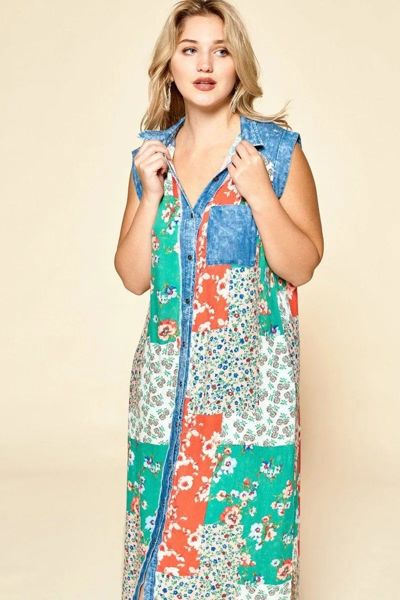 Mixed-floral Patchwork Printed Button-down Maxi Dress