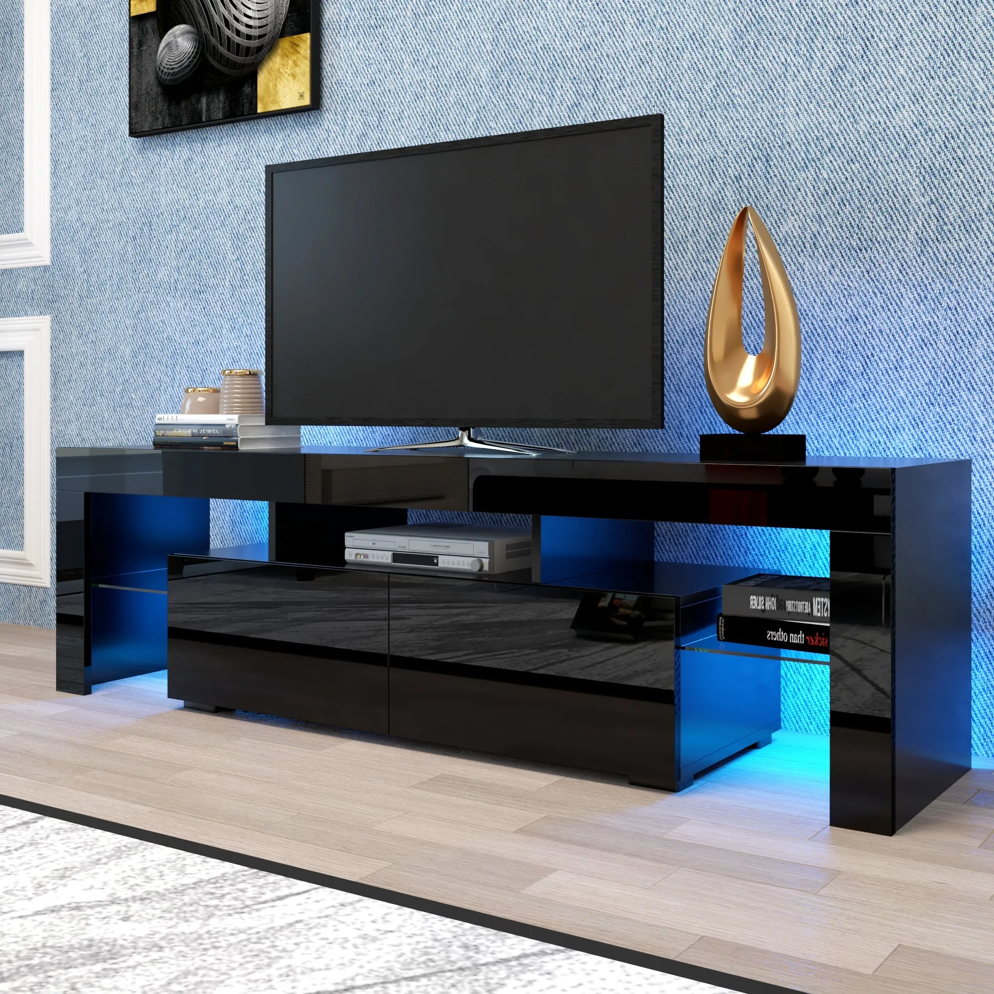 Modern Black TV Stand, 20 Colors LED TV Stand w/Remote Control Lights - Ships from The US