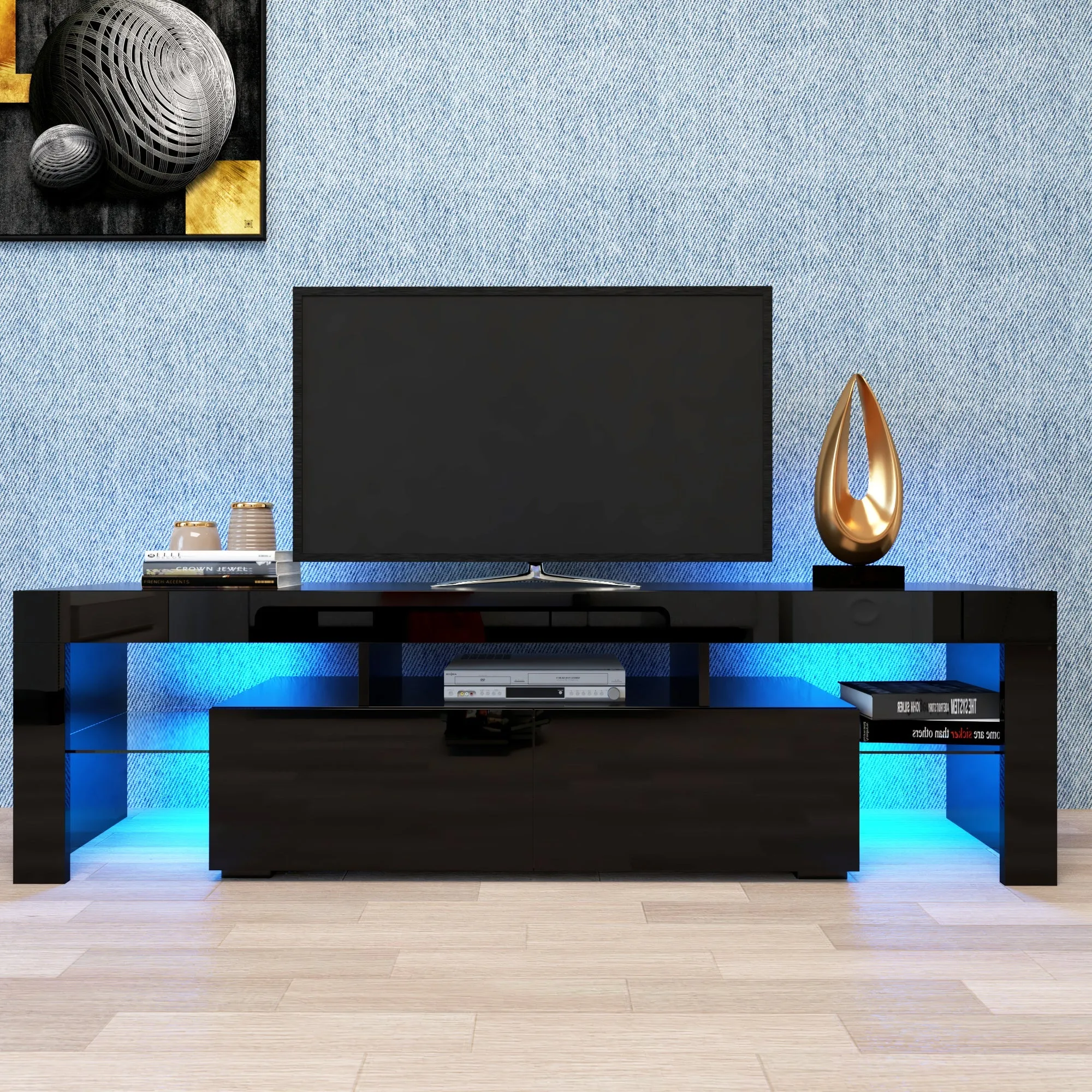 Modern Black TV Stand, 20 Colors LED TV Stand w/Remote Control Lights - Ships from The US