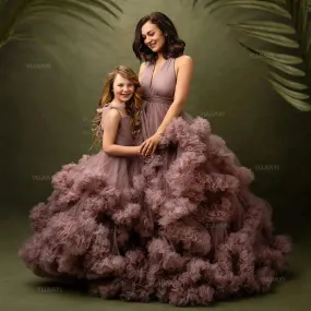 Mommy and Me Matching Dress Puffy Tulle Tiered Ruffles Mother and Daughter Dresses for Party or Photoshoot Family Look Ball Gown