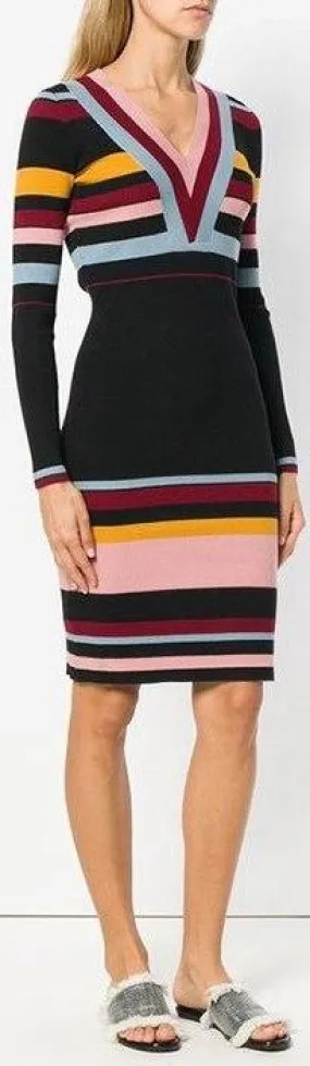 Multi Colored V-Neck Striped Knit Sweater-Dress