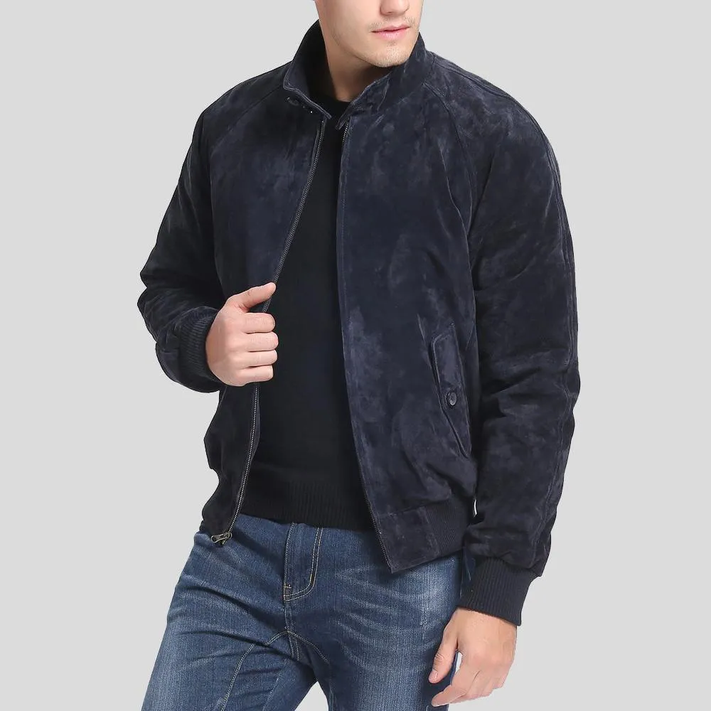 Navy Blue Suede Bomber Jacket